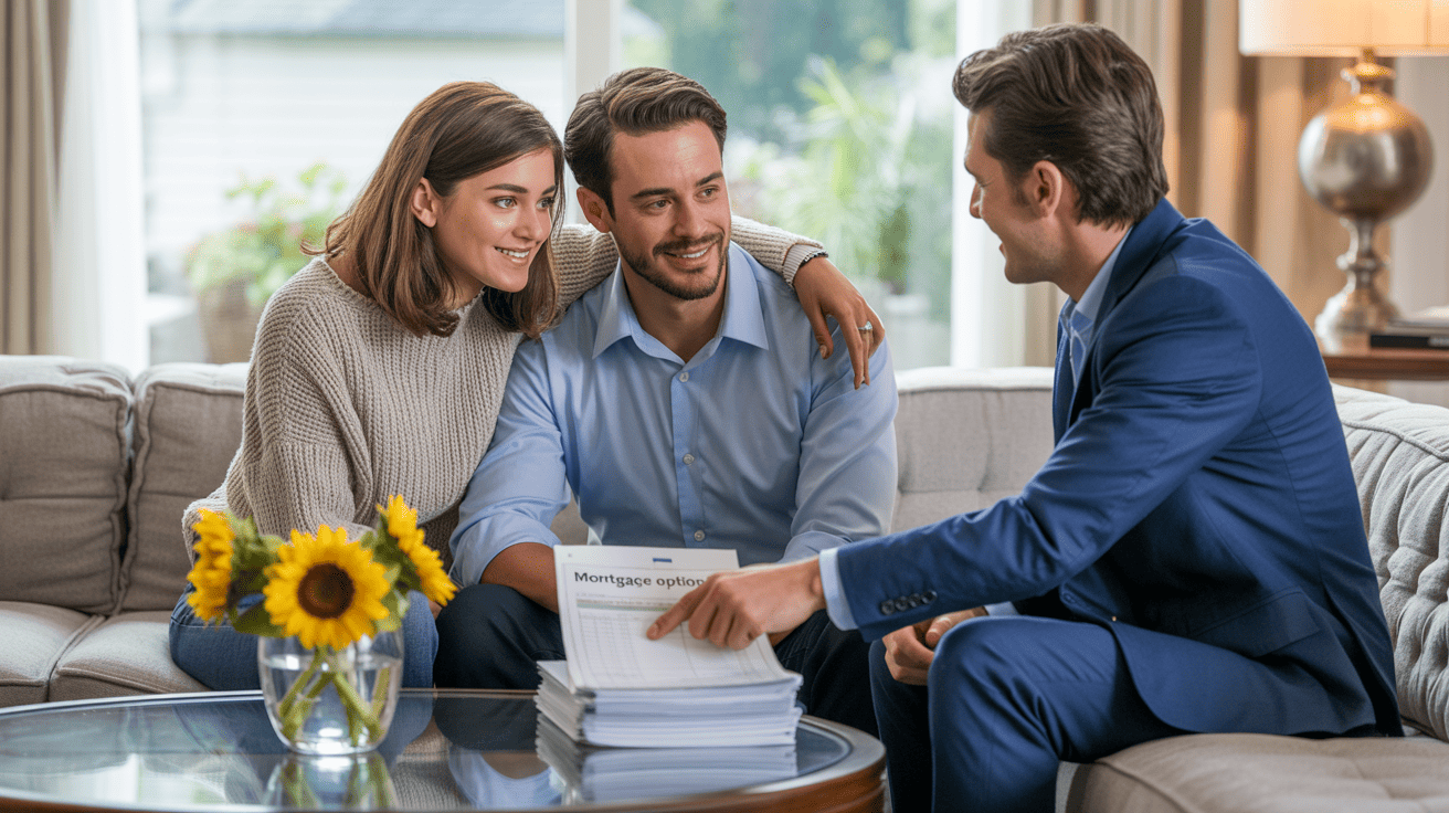 Mortgage adviser helping a couple in Brentwood explore mortgage options with poor credit.