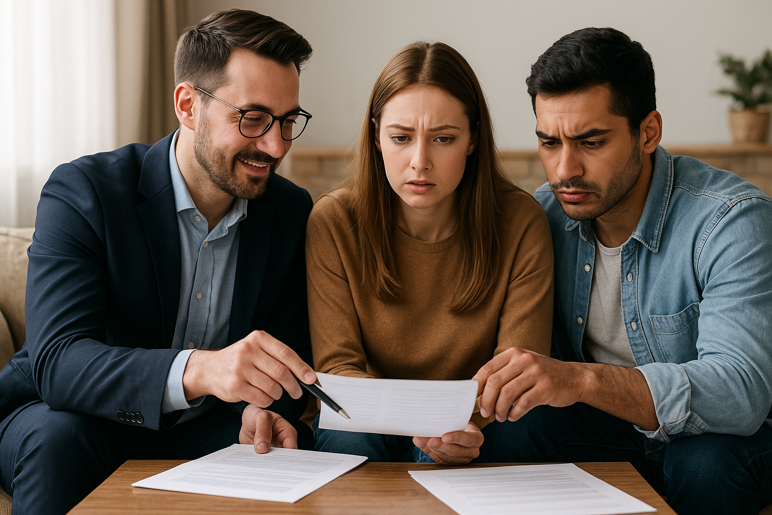 Mortgage adviser discussing application options with a couple reviewing documents at home