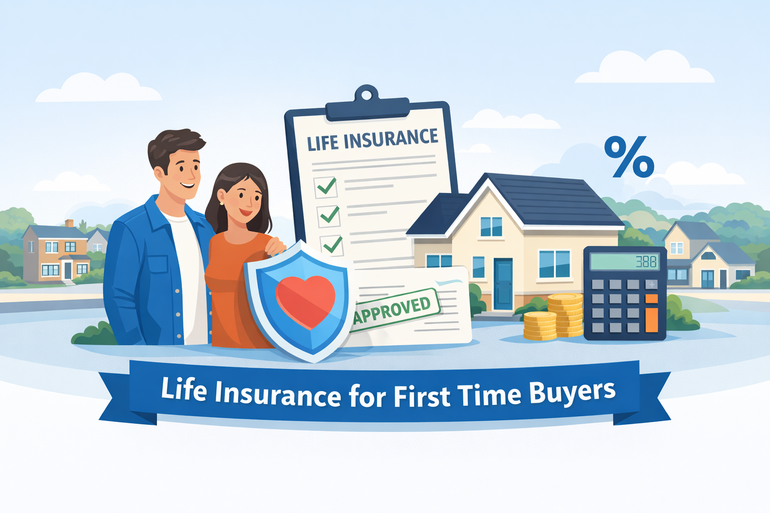 Illustration showing life insurance protection for first time buyers and their mortgage.