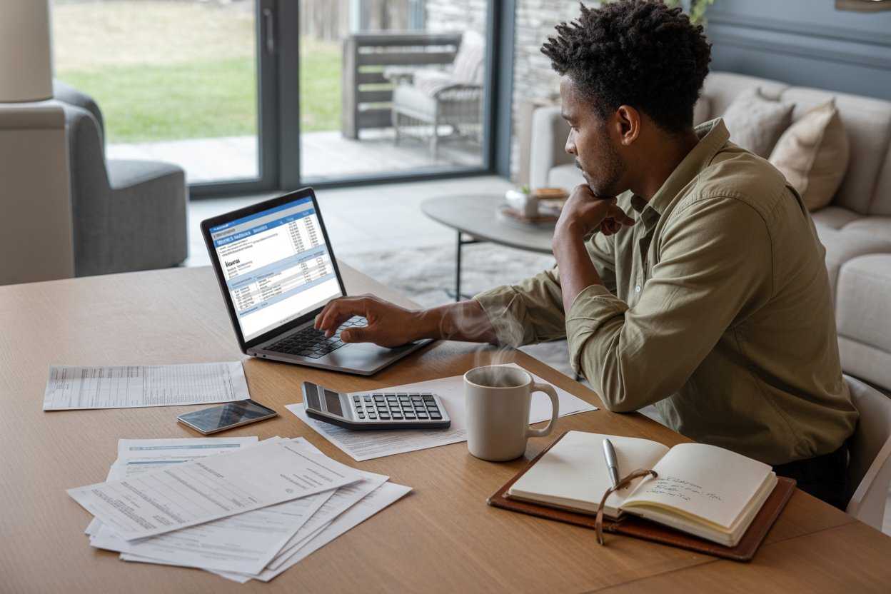 Self employed professional reviewing financial documents while planning a mortgage application.