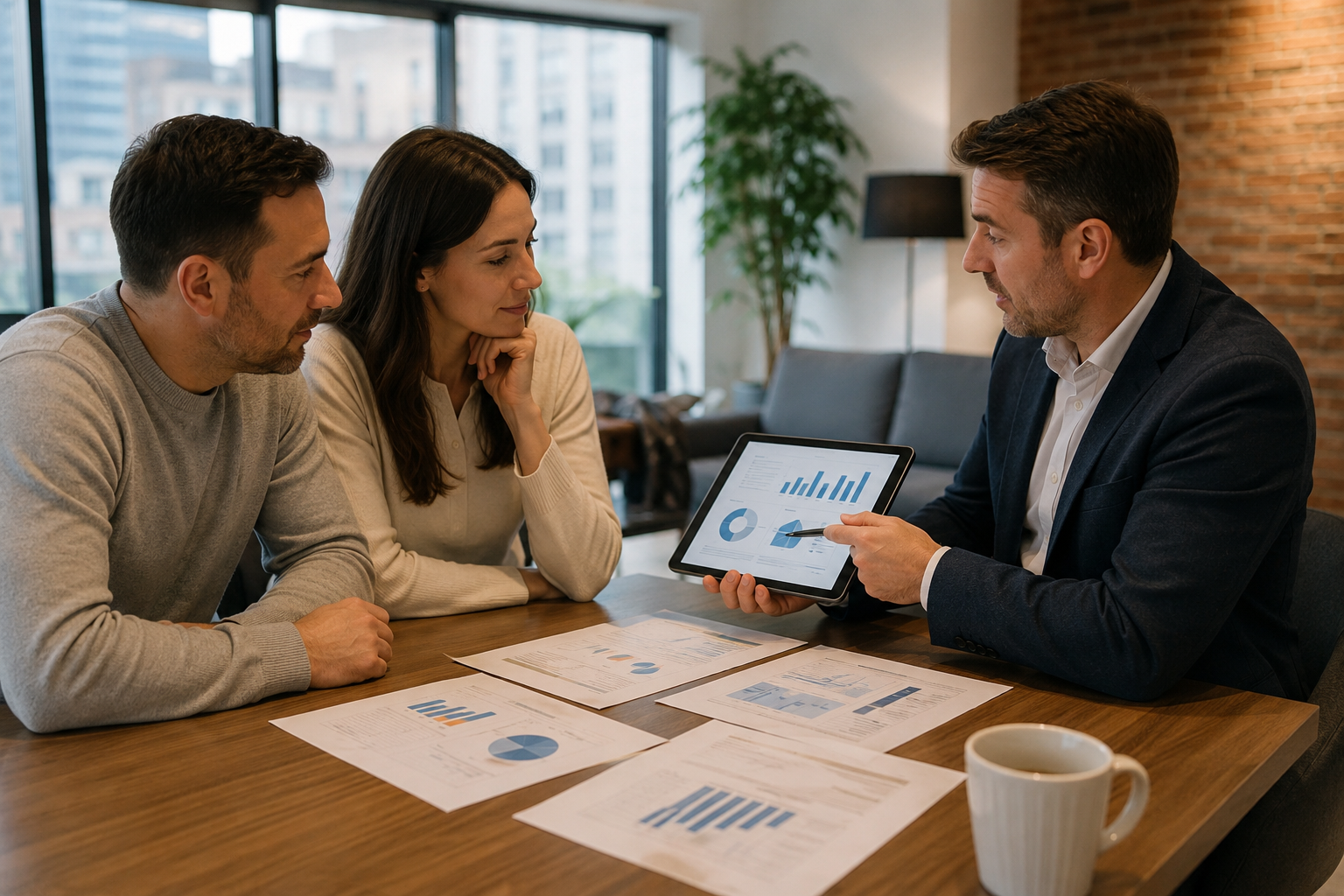 Mortgage adviser explaining income protection insurance options to a working couple during a financial planning meeting.
