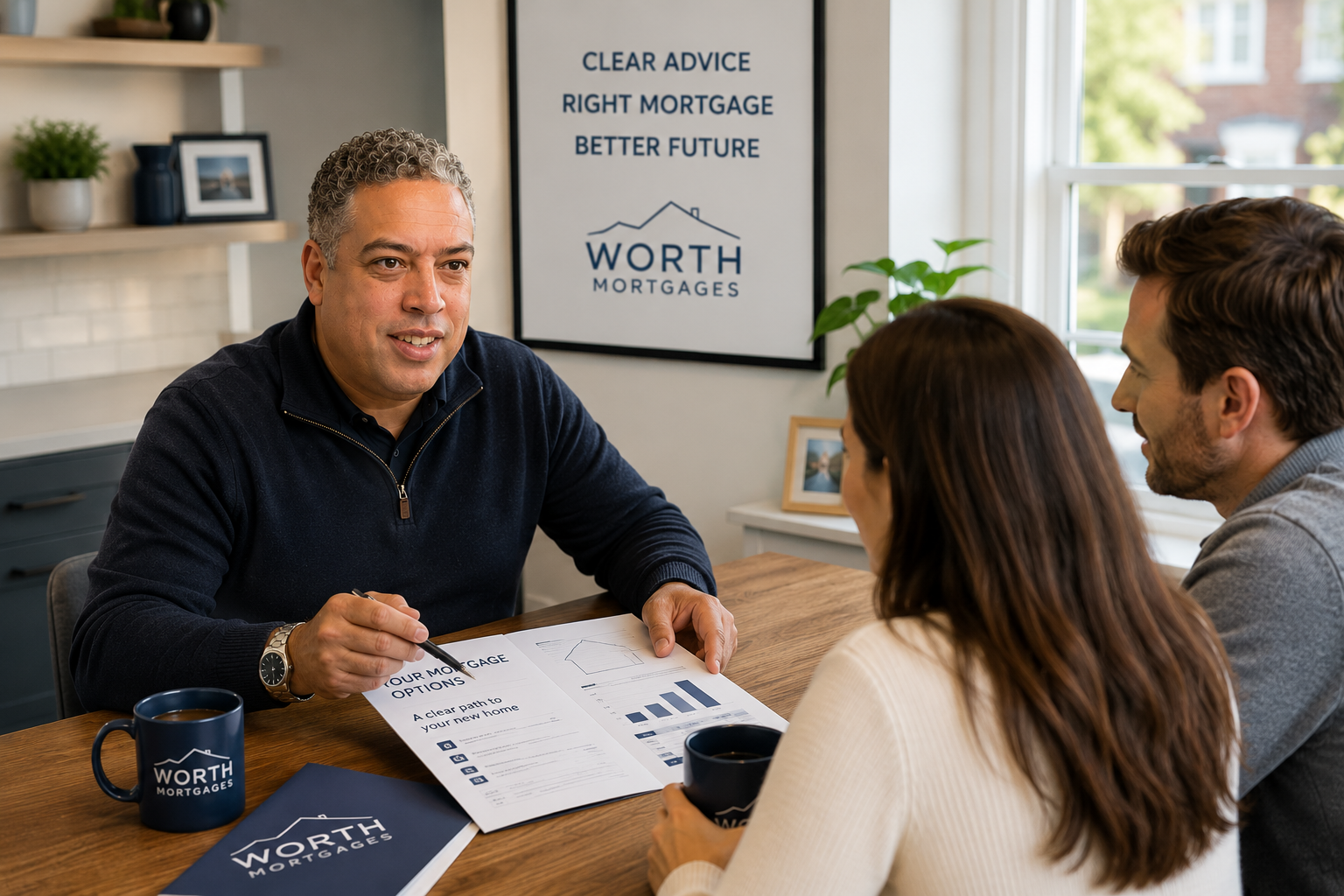 Worth Mortgages adviser Richard Rushworth discussing remortgage options with a couple during a friendly mortgage consultation in a modern office.